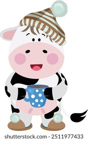 Cute cow waking up drinking cup of coffee

