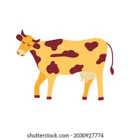 Cute cow walk. Household, farming. Large animal, dairy farm, cattle. Vector colorful hand drawn isolated illustration