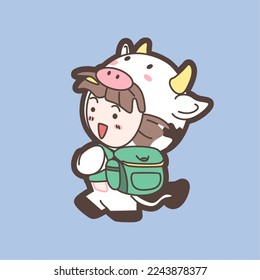Cute Cow Walking With Backpack School Cartoon Vector Icon Illustration  Animal Technology Icon Concept Isolated Premium Vector  Flat Cartoon Style