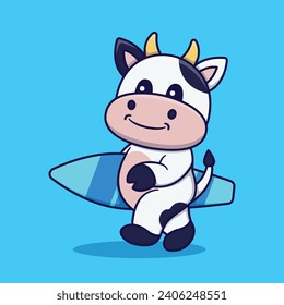 Cute Cow Walking Holding Surfing Board Vector Cartoon Illustration