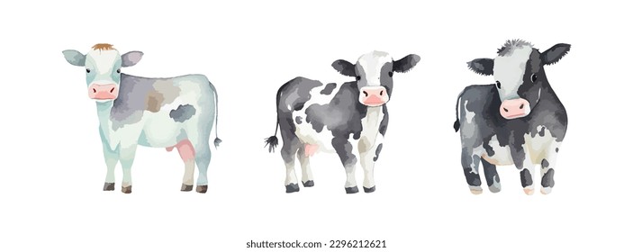 Cute cow watercolor isolated on white background. Farm cow animal set. Vector illustration