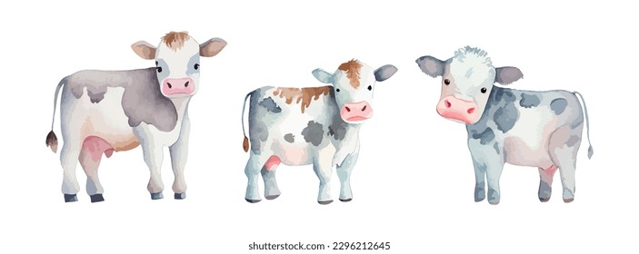 Cuidada acuarela de vaca aislada en fondo blanco. Juego de animales de vaca de granja. Ilustración del vector