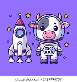 Cute cow wearing an astronaut suit with a rocket