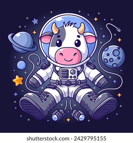 Cute cow wearing an astronaut suit floating in outer space