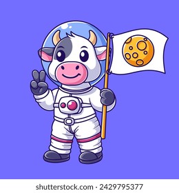 Cute cow wearing astronaut suit and carrying flag