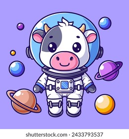 Cute cow wearing an astronaut suit floating in outer space