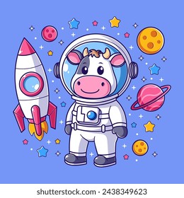 Cute cow wearing astronaut suit with rocket