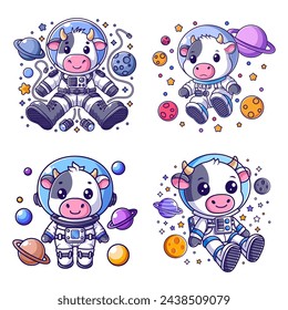 A cute cow wearing an astronaut suit is in outer space set