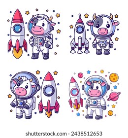 Cute cow wearing astronaut suit with rocket set