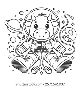 Cute cow wearing an astronaut suit floating in outer space for coloring