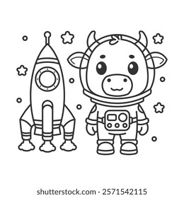 Cute cow wearing an astronaut suit with a rocket for coloring