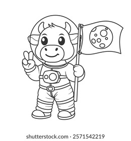 Cute cow wearing astronaut suit and carrying flag for coloring