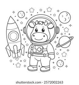 Cute cow wearing astronaut suit with rocket  for coloring