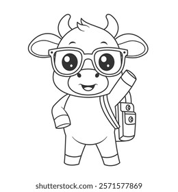 Cute cow wearing a backpack, and glasses  for coloring