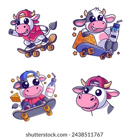 Cute cow wearing a hat and playing skateboard set