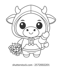 Cute cow wearing a hoodie and carrying a bunch of flowers  for coloring
