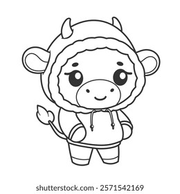 Cute cow wearing an hoodie for coloring