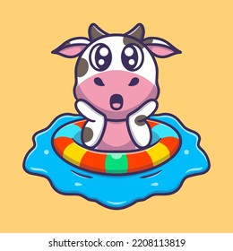 Cute Cow Wearing A Life Jacket On The Beach Cartoon Vector Icon Illustration