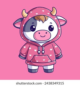 Cute cow wearing a pink hoodie