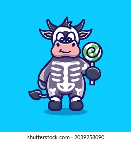 cute cow wearing skeleton halloween costume and carrying lollipop, perfect for halloween t-shirt design and cute animal halloween icon