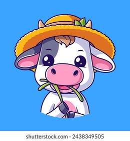 Cute cow wearing a straw hat while eating grass