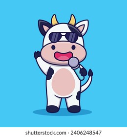 Cute Cow Wearing Sunglasses Singing Vector Cartoon Illustration