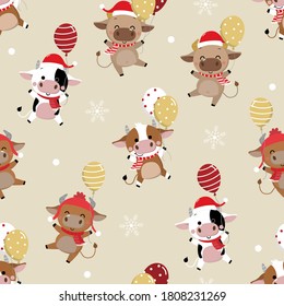 Cute cow in winter costume seamless pattern. 2021 The year of the ox. Animal in Christmas holidays cartoon character background. -Vector