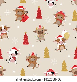 Cute cow in winter costume seamless pattern. 2021 The year of the ox. Animal in Christmas holidays cartoon character background. -Vector
