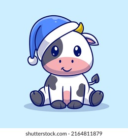 Cute Cow Winter Sitting With Beanie Hat Cartoon Vector Icon Illustration. Animal Nature Icon Concept Isolated Premium Vector. Flat Cartoon Style