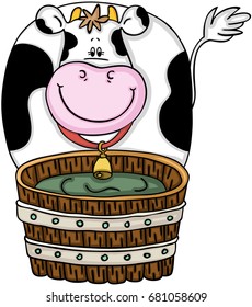 Cute cow with wood barrel
