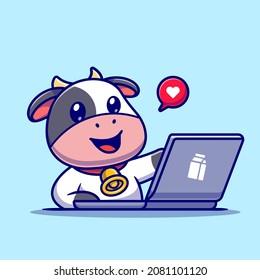 Cute Cow Working On Laptop Cartoon Vector Icon Illustration. Animal Technology Icon Concept Isolated Premium Vector. Flat Cartoon Style