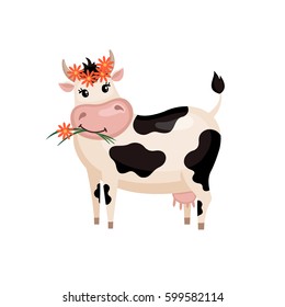 Cute cow with wreath in flat style isolated on white background. Vector illustration. Cartoon cow.