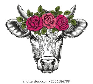 Cute cow in a wreath of roses flowers. Farm animal, vintage graphic style, vector illustration for print