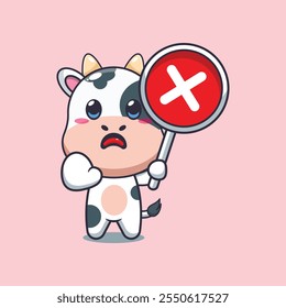 Cute cow with wrong sign cartoon vector illustration. vector cartoon illustration suitable for poster, brochure, web, mascot, sticker, logo and icon.