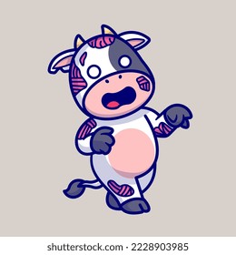 Cute Cow Zombie Walking Cartoon Vector Icon Illustration. Animal Holiday Icon Concept Isolated Premium Vector. Flat Cartoon Style