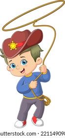 The cute cowboy boys is playing the hole rope of illustration