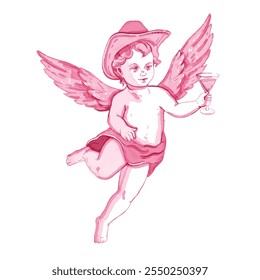 Cute cowboy cherub illustration, vector pink watercolor baby angel bachelorette wedding party design. Vintage cupid martini cocktail character, wings, Valentine Day graphic. Cowboy cherub holiday sign