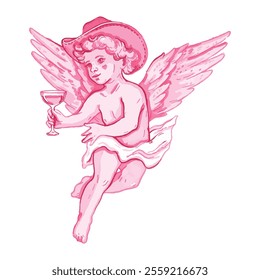 Cute cowboy cherub illustration, watercolor baby angel bachelorette wedding party vector pink design. Vintage cupid champagne glass character, wings, Valentine Day graphic. Cowboy cherub holiday sign