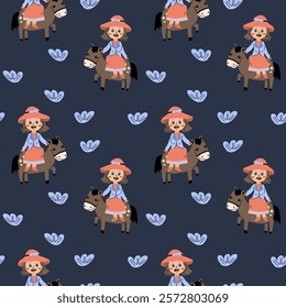 Cute cowboy childish pattern with kids on horses and floral elements.