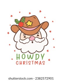 Cute Cowboy Christmas Santa Face dibujando mano, perfecto para tus festivos saludos navideños. Ideal para las cartas, la decoración y más.