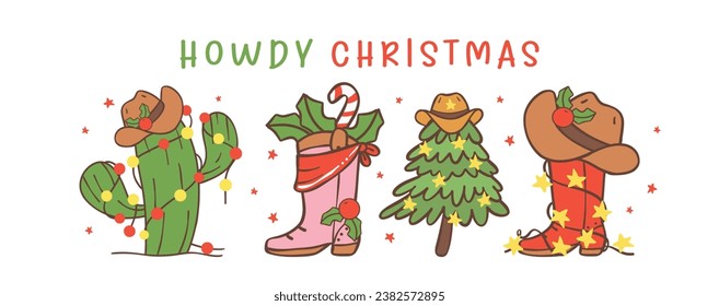 Cute Cowboy Christmas Western Howdy Christmas banner hand drawing, perfect for your festive Christmas greetings. Ideal for cards, decor, and more.