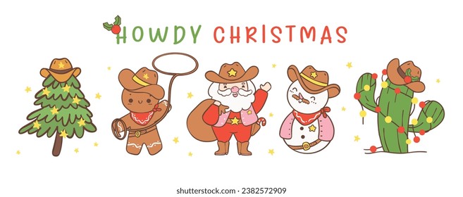 Cute Cowboy Navidad Western Howdy Banner de dibujo manual, perfecto para tus festividades navideñas saludos. Ideal para las cartas, la decoración y más.