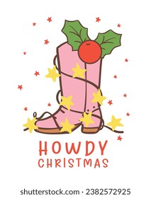 Cute Cowboy Christmas with Western Pink Boot hand drawing, perfect for your festive Christmas greetings. Ideal for cards, decor, and more.