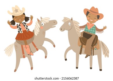 Cute cowboy and cowgirl and horse on white background. Set of wild west hand drawn vector illustration.