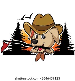 Cute Cowboy Dog Cartoon Mascot's and playful vector illustration features a cartoon dog dressed as a cowboy. Outdoor scenic sunset with pine trees 