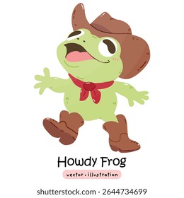Cute cowboy frog howdy kawaii frog with cowboy hat and boots cartoon vector illustration