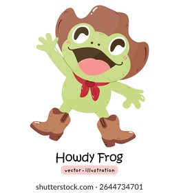 Cute cowboy frog howdy kawaii frog with cowboy hat and boots cartoon vector illustration