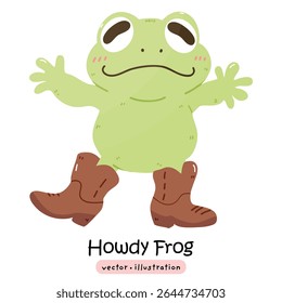 Cute cowboy frog howdy kawaii frog with cowboy hat and boots cartoon vector illustration