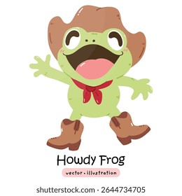 Cute cowboy frog howdy kawaii frog with cowboy hat and boots cartoon vector illustration