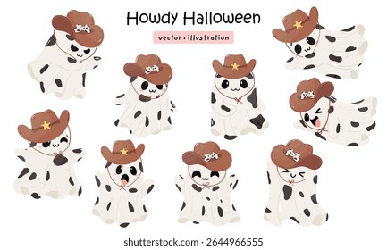 Vaqueiro bonito Fantasma bonito Halloween ilustração de vetor de desenhos animados ocidentais